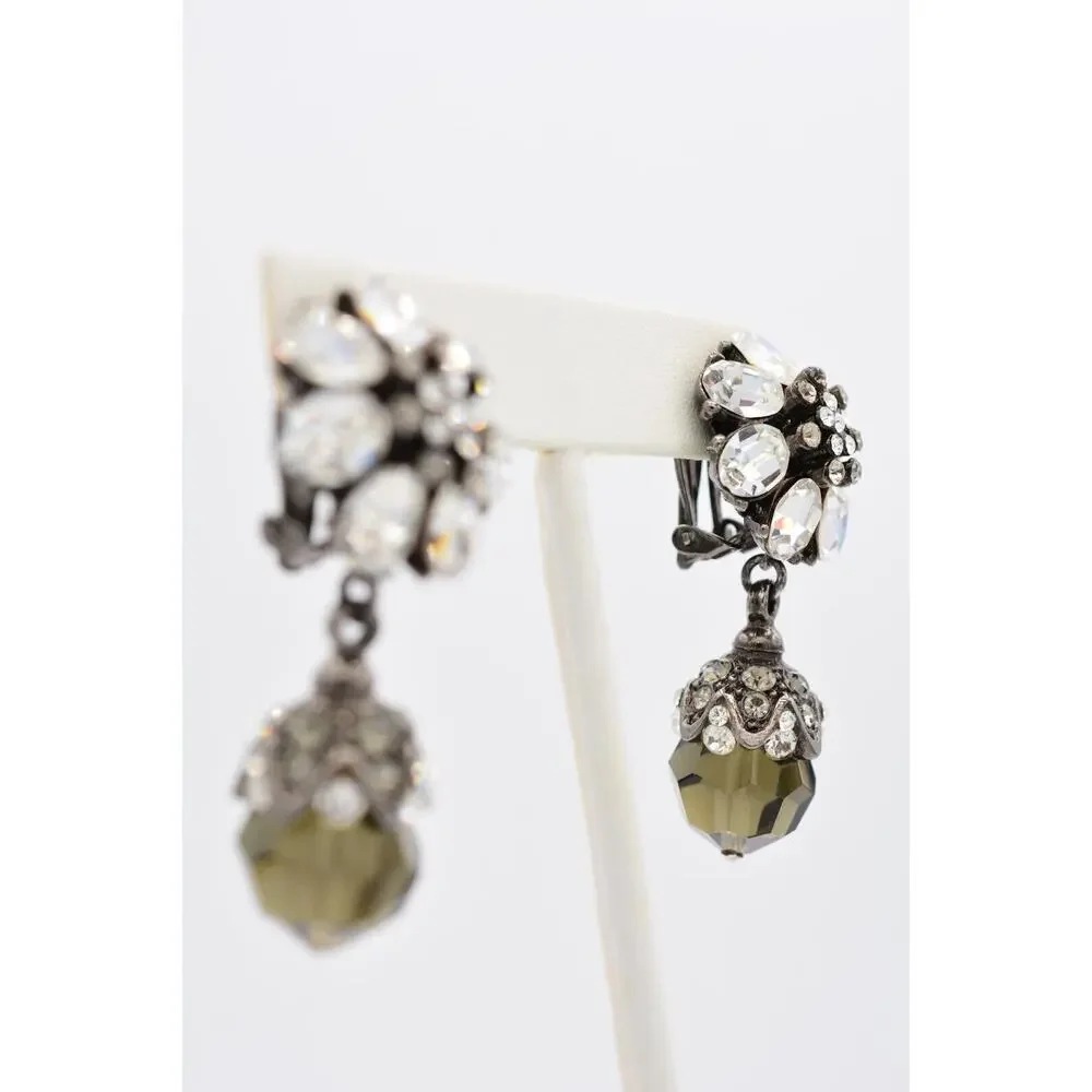 Barrera Vintage Crystal Clip On Earrings Rhinestone Gunmetal Signed 1980s BinAO